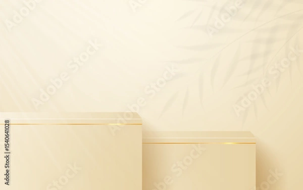Fototapeta Cream podium with elegant gold lines and leaf shadows on the back for product presentation. Cosmetic product display. Stage or podium. vector illustration	
