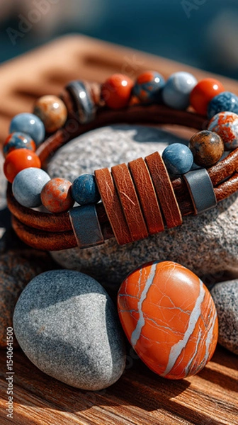 Obraz Artisan Bracelet: A captivating shot of a meticulously crafted artisan bracelet, adorned with an array of vibrant, earthy stones. The bracelet rests elegantly against a natural, textured background.
