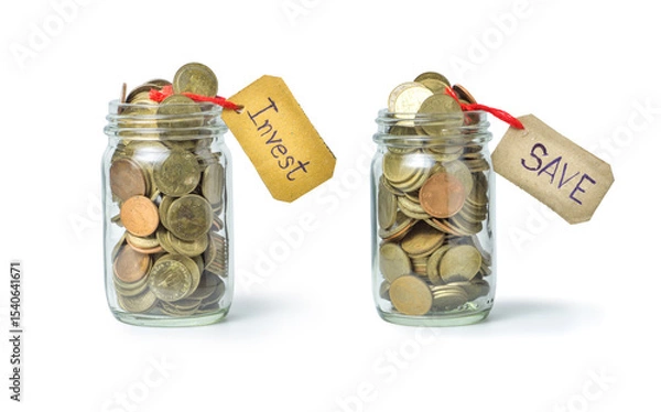 Fototapeta glass jars filled with coins labeled Invest and Save, symbolizing financial planning focus on money management strategies.