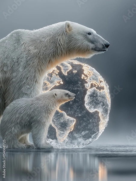Obraz Polar Bear family stands near globe: A majestic polar bear mother and her cub stand near the cracked globe in fading ice water.