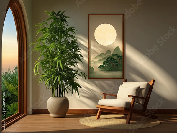 Obraz Serene Interior: An inviting indoor space designed with a neutral color palette, featuring a large potted plant, a cozy armchair, and an artistic mountain painting, embodying tranquility and serenity.