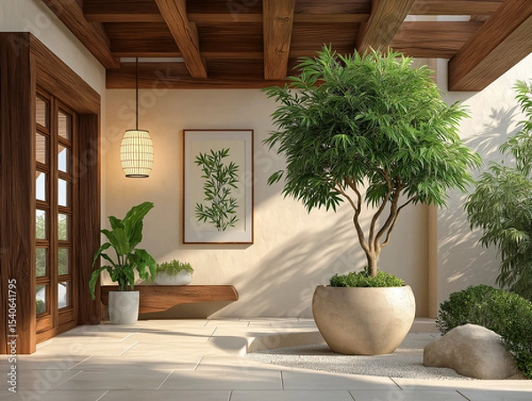 Obraz Zen Garden Oasis: A tranquil outdoor space with a tree in a large pot, creating a serene sanctuary of calm and harmony, exuding a sense of peace.