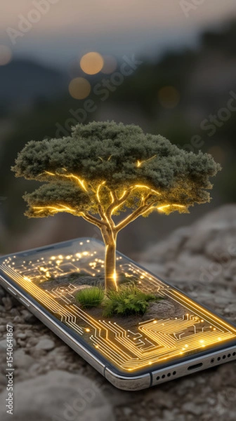 Obraz Eco-Tech Fusion: A captivating fusion of nature and technology, a vibrant tree seemingly sprouts from a glowing smartphone screen, showcasing eco-friendly technological innovations.