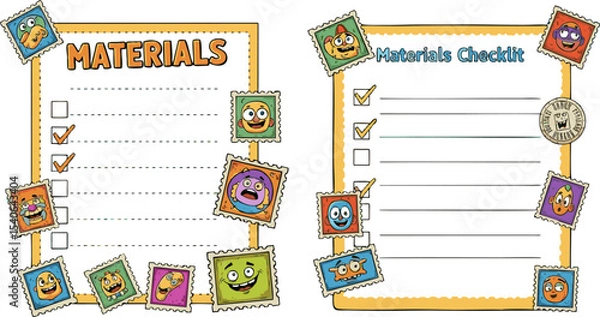 Fototapeta Colorful Checklist with Cartoon Stamp Faces for Materials