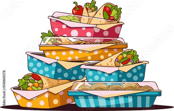 Fototapeta Colorful Stack of Cartoon Lunch Boxes with Wraps and Fresh Vegetables