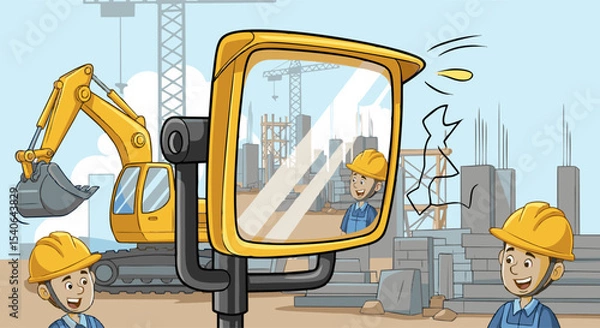 Fototapeta Construction Site Cartoon with Excavator, Workers, and Safety Mirror Reflection