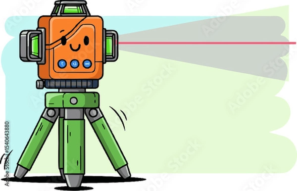 Fototapeta Cute Cartoon Laser Level on Tripod with Friendly Expression