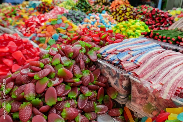 Fototapeta An assortment of colorful candies at a market stall, showing vivid artificial dyes soon to be banned by FDA regulation. Great visual for clean label and natural food trends.