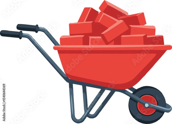Fototapeta Red Wheelbarrow Overloaded with Bricks, Ready for Construction Work