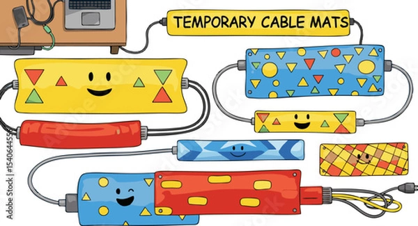 Fototapeta Whimsical Temporary Cable Mats with Smiling Faces and Geometric Decorations.
