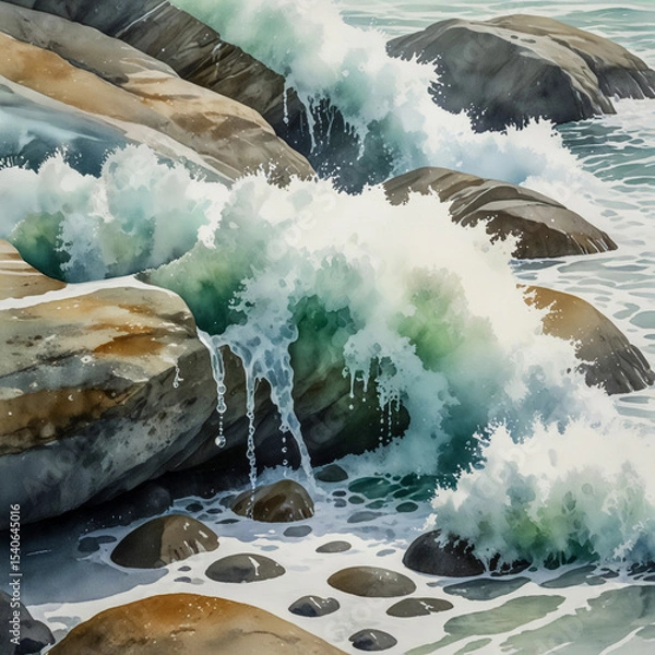 Fototapeta Close-up watercolor of seafoam collecting on the edge of a slick tide-washed rock during rain, fine bubbles interlaced with sea spray and mist