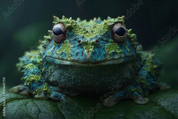 Obraz Vietnamese mossy frog : Ultimate close up of camouflaged animal shows textured frog blending perfectly with green leaf in natural habitat