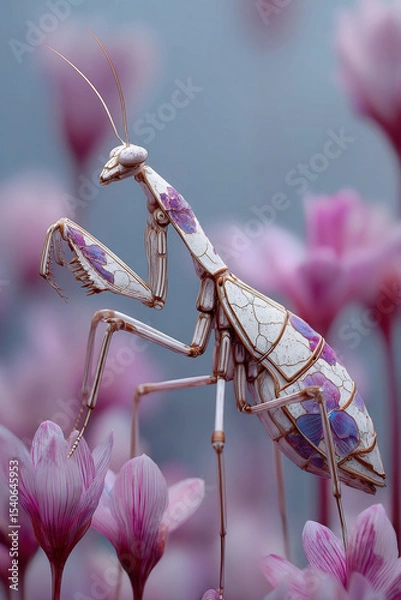 Obraz Ultimate camouflaged animal is praying mantis blending beautifully with pink flowers in serene natural setting
