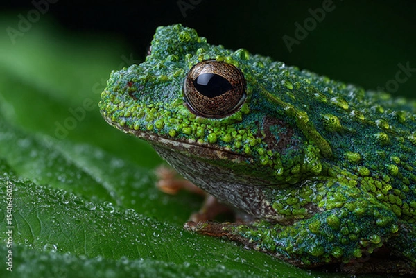 Obraz Vietnamese mossy frog : Ultimate close up of camouflaged animal shows green frog blending perfectly with leaf, highlighting beauty of natural world