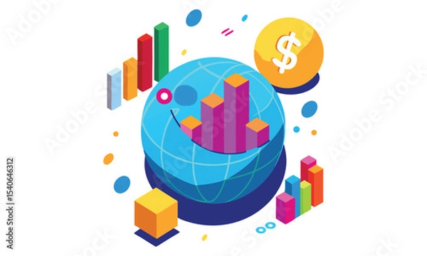 Fototapeta Global business growth and financial success isometric illustration isolated on white background