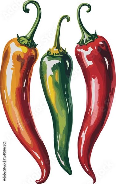 Obraz Watercolor Illustration of Three Chili Peppers in Red Green and Yellow. Chili Pepper Vector