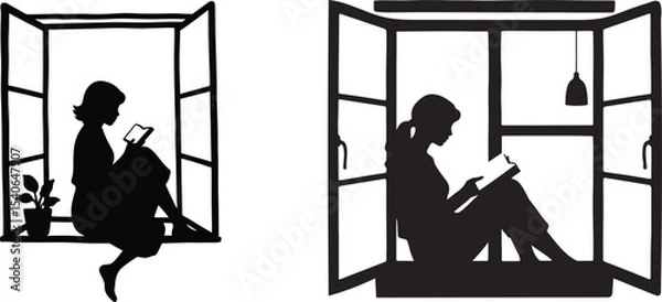 Fototapeta Two women reading in windows, peaceful silhouette