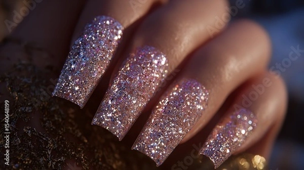 Fototapeta A womans hand showcasing a manicure with gold and silver polish, adorned with tiny jewels and intricate beading, Nails adorned with tiny jewels and intricate beading for a luxurious finish