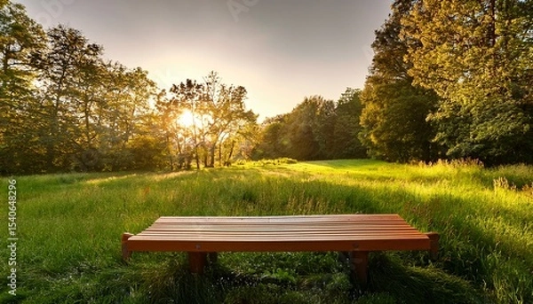 Fototapeta empty wooden bench in a peaceful park surrounded by tall grass and trees during golden hour tranquility