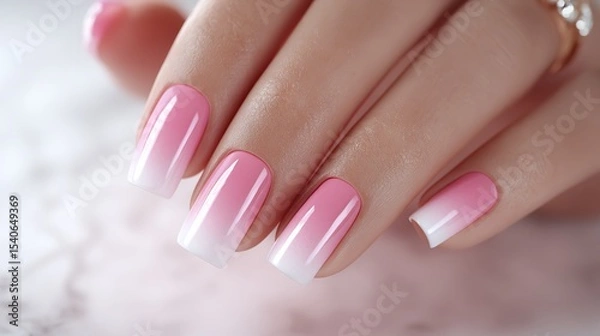 Fototapeta Pastel pink nails with a single delicate daisy painted on the ring finger, minimalistic and fresh for spring