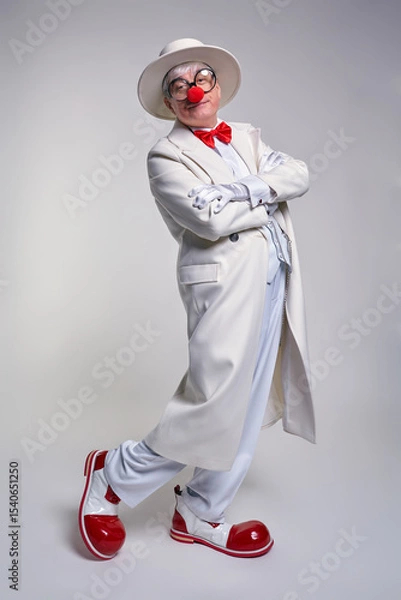 Fototapeta Сlown in a white coat, hat and large red patent leather clown boots. Hands crossed over chest.