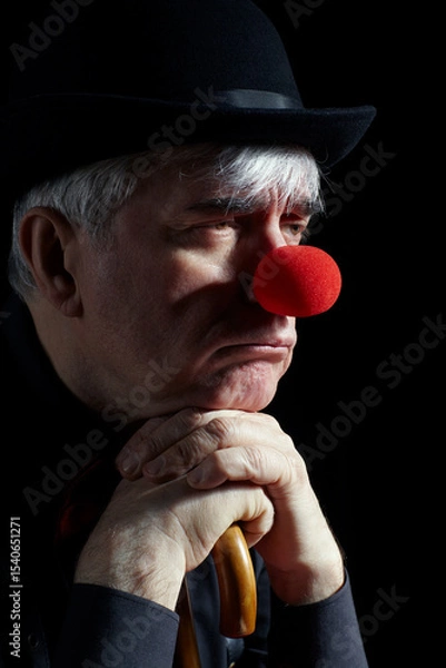 Fototapeta Dramatic portrait of a clown against a dark background leaning on the handle of an umbrella.