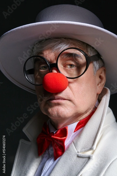 Fototapeta Close-up portrait of sad clown. An elderly man in a white coat and hat.