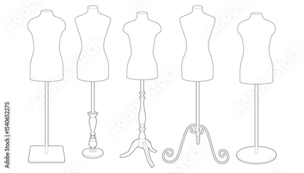 Fototapeta Vector illustration of five different dressmaker mannequins on various stands. Line art style. Isolated on white background. Horizontal orientation. Ideal for fashion or tailoring design.