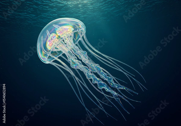 Fototapeta Ethereal glass jellyfish floating in deep ocean, translucent body with rainbow light refractions, delicate tentacles like spun glass, bioluminescent glow, underwater cathedral lighting