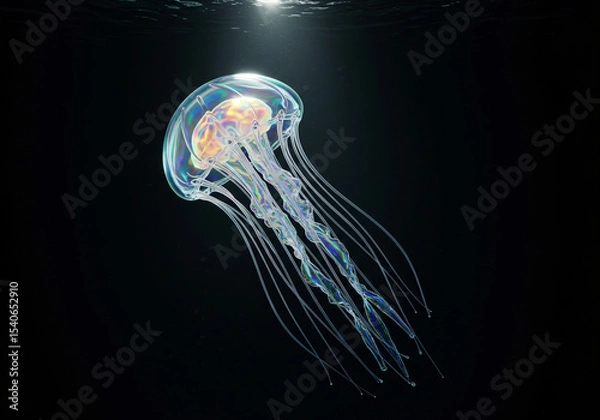 Fototapeta Ethereal glass jellyfish floating in deep ocean, translucent body with rainbow light refractions, delicate tentacles like spun glass, bioluminescent glow, underwater cathedral lighting
