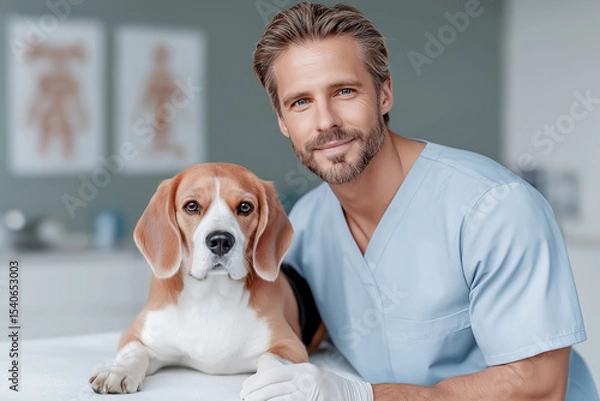 Fototapeta A beagle dog lying on a couch in a veterinary clinic next to a doctor