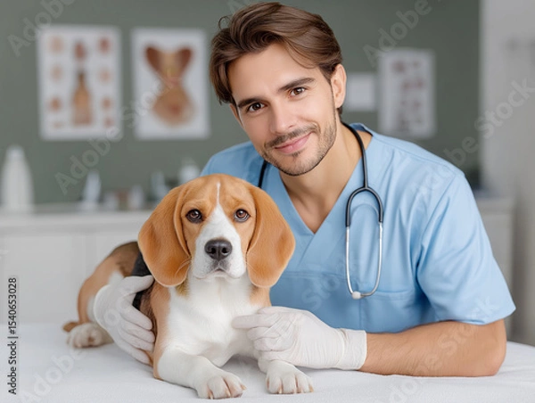 Fototapeta A beagle dog lying on a couch in a veterinary clinic next to a doctor