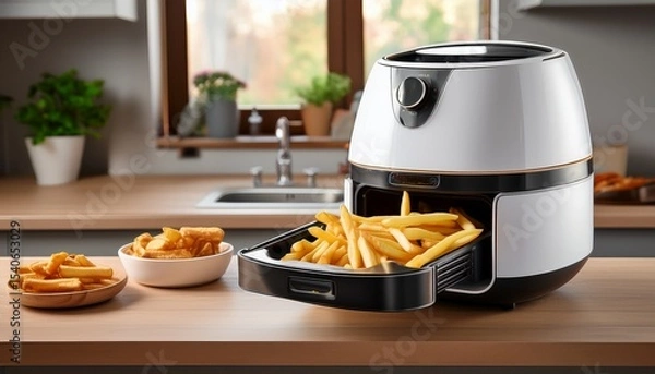Fototapeta white air fryer sitting on kitchen counter with open drawer displaying crispy golden french fries representing contemporary home cooking convenience