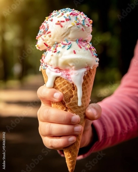 Fototapeta A vibrant, sunny photo showing a child's hands holding a large, dripping ice cream cone with multiple colorful scoops against a bright summer background.