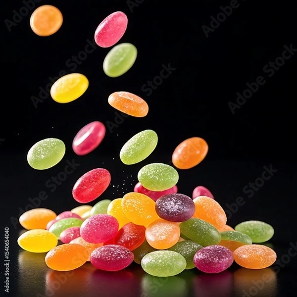 Obraz Colorful sugar coated candies falling on pile isolated on black background