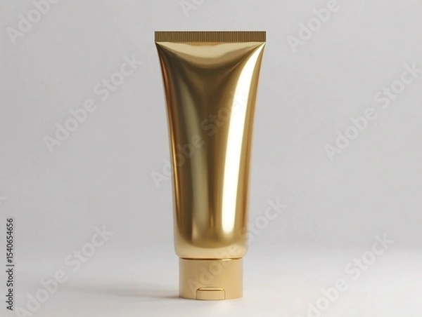 Obraz A luxurious gold cosmetic tube with a shiny, reflective surface and a flip-top cap. Set against a soft background, it exudes elegance and is likely used for premium creams or skincare products.
