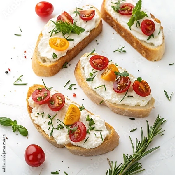 Obraz Delicious bruschetta with cream cheese and cherry tomatoes isolated on white background