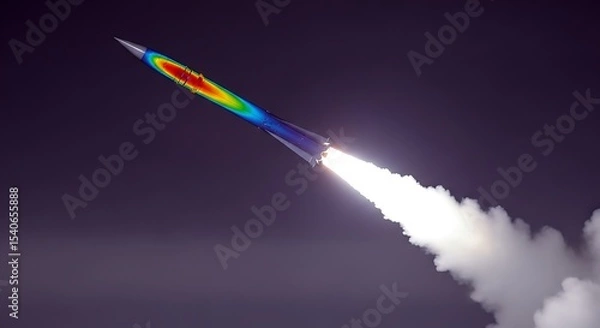 Fototapeta Hypersonic ballistic missile launch with a CFD thermal analysis overlay showing aerodynamic heat distribution. A 3D render for aerospace engineering and military defense technology.