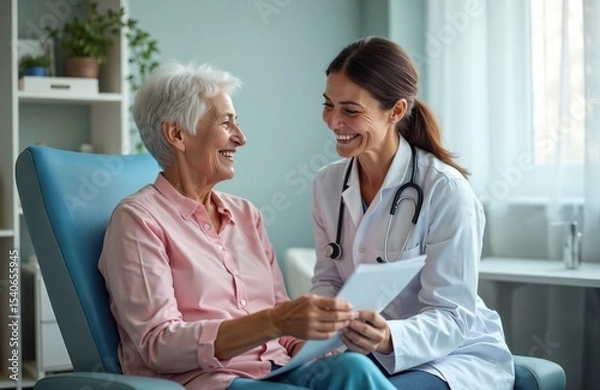 Obraz Happy doctor consults senior patient at medical checkup. Smiling old woman and friendly physician sit on couch, reviewing good analysis results. Medicine concept.