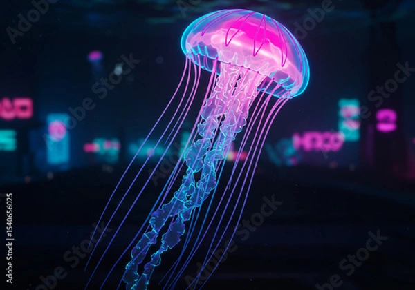 Fototapeta Cyberpunk jellyfish with LED circuits running through tentacles, neon pink and electric blue glow, floating in digital space, holographic texture, futuristic underwater cityscape background
