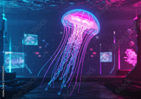 Fototapeta Cyberpunk jellyfish with LED circuits running through tentacles, neon pink and electric blue glow, floating in digital space, holographic texture, futuristic underwater cityscape background