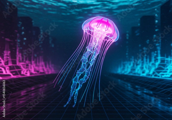 Fototapeta Cyberpunk jellyfish with LED circuits running through tentacles, neon pink and electric blue glow, floating in digital space, holographic texture, futuristic underwater cityscape background