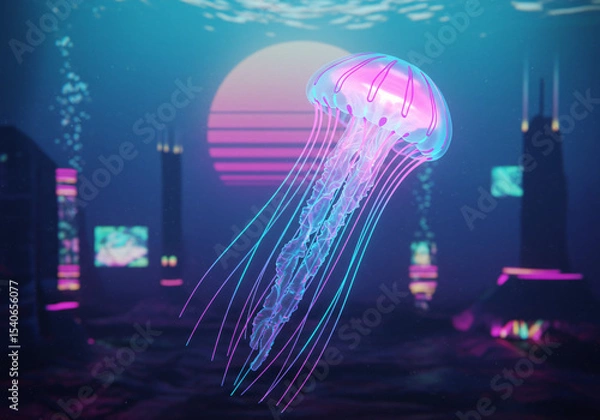 Fototapeta Cyberpunk jellyfish with LED circuits running through tentacles, neon pink and electric blue glow, floating in digital space, holographic texture, futuristic underwater cityscape background
