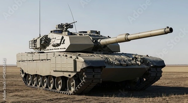 Fototapeta A powerful modern main battle tank with heavy armor and a large cannon, positioned in a vast arid landscape. A symbol of military strength and advanced combat technology.