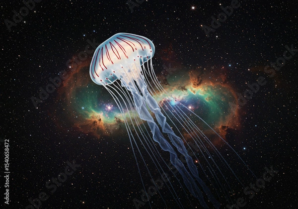 Fototapeta Galactic jellyfish with nebula patterns in tentacles, cosmic dust and stars swirling around, deep space background, aurora borealis colors, celestial bioluminescence, space jellyfish constellation