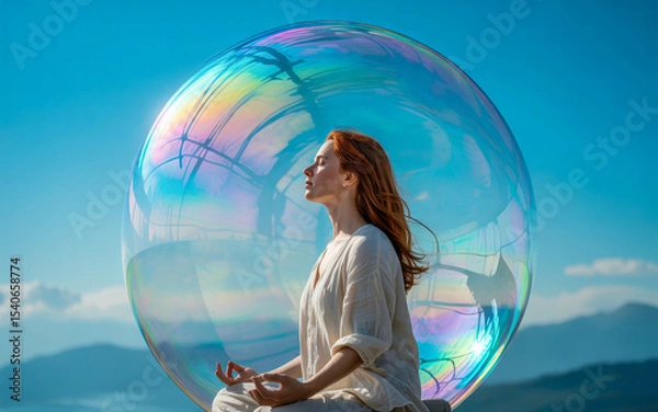 Fototapeta Woman Meditating Inside Iridescent Bubble with Sky and Mountains Background. Iridescent Bubble Portrait