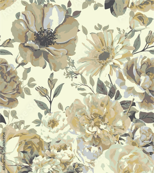 Obraz Big flowers pattern, upscale floral pattern. graphical textures floral, trendy colors pattern , flowers background with leaves. vector illustration.
