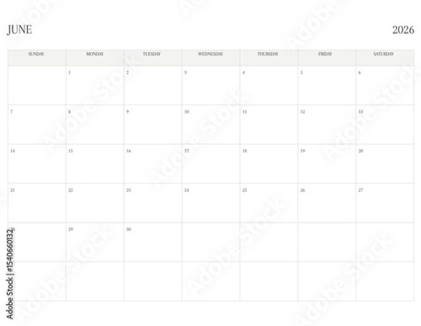 Fototapeta JUNE 2026 Letter Size SUNDAY WEEK START Monthly Calendar, Minimalist Printable Calendar