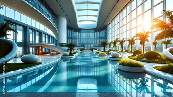 Fototapeta A futuristic, ultra-modern hospital with sleek, curved lines and expansive glass windows, surrounded by lush gardens and a reflecting pool,