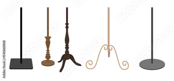 Fototapeta Set of floor lamp stands in different styles. Vector illustration of metal, wooden, and vintage lamp bases. Isolated on white background.